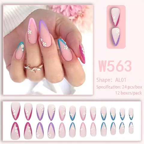 Matte Almond Press On Nails French Tip Colorful Gradient Borders White Daisy Pattern ABS Artificial Fake Nails For Women