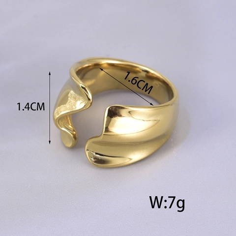 18K Gold Plated 316L Stainless Steel Irregular Wave Open Ring Wide Band Minimalist Adjustable Finger Ring For Women Ins Style Statement Jewelry
