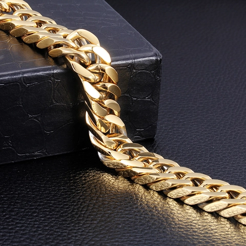 Men Cuban Link Bracelet 18K Gold Vacuum Plated Titanium Steel Hip Hop Heavy Bold Chain Jewelry