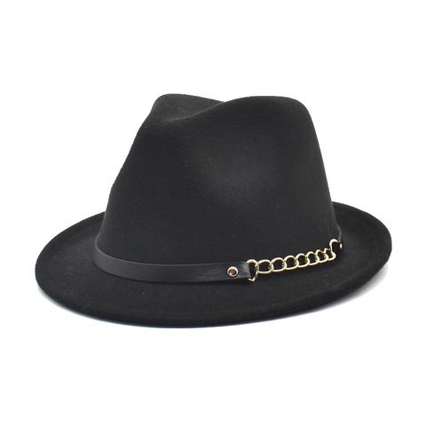 Vintage Woolen Felt Fedora Hat For Men Women With Leather Belt And Gold Metal Chain Solid Color British Style Jazz Hat