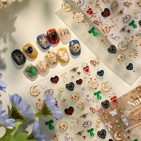 Autocollants Ongles Relief Vintage Estampage Or Coeur Horloge Lune Étoile Papillon Abeille Décalcomanies Auto-Adhésives