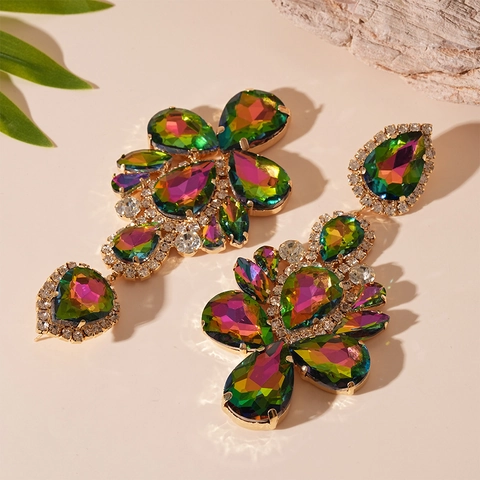 Orecchini Pendenti Fiore Goccia D Acqua Strass Colorati Rame Gioielli Con Perno In Argento Sterling 925
