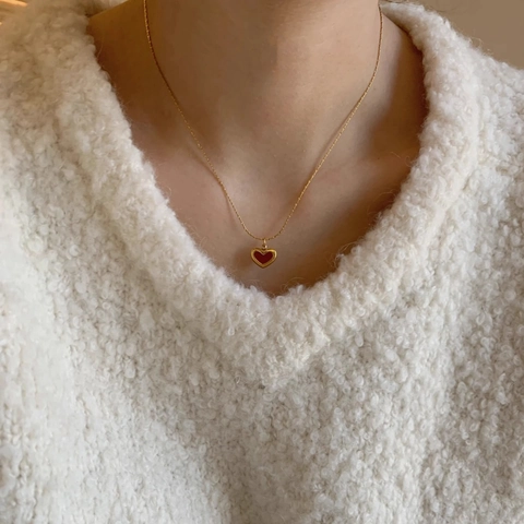 Herz Anhänger Halskette Edelstahl Rot Emaille Französisch Vintage Süß Schmuck Für Frauen