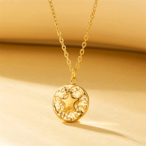 Collana Con Pendente A Stella Moneta Martellata Acciaio Inossidabile Placcato Oro Catena Elegante Gioielli Da Donna