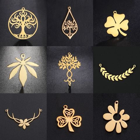 Stainless Steel Charms Pendants DIY Jewelry Making Hollow Out Tree Of Life Clover Maple Leaf Flower Deer Antler Design For Jewelry Findings