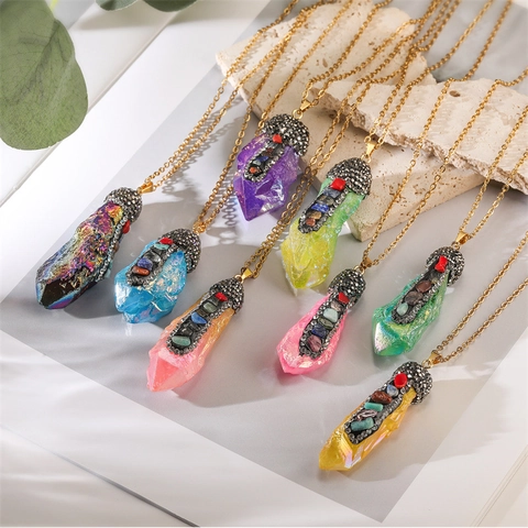 Natural Crystal Prism Pendant Necklace Copper Gold Chain Rainbow Electroplated Colorful Rhinestone Bohemian Jewelry