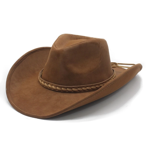 Cappello Da Cowboy Western Vintage Pelle PU Tesa Larga Fascia Intrecciata Retro Viaggio Esterno Fedora Sole