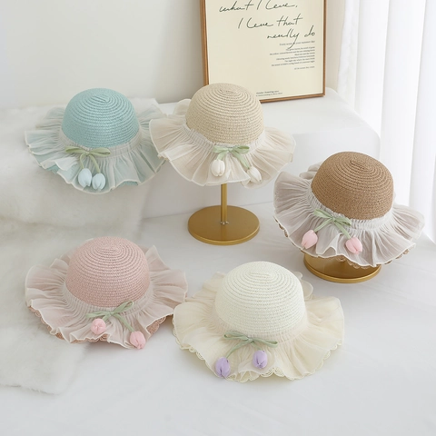Chapeau De Paille Et Sac Assorti Pour Enfants Large Bord Dentelle Tulipe Nœud Doux Filles