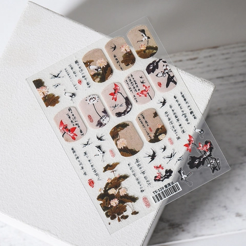 Pegatinas de Uñas de Estilo Chino Pintura en Tinta Loto y Grulla Finas Transparentes Autoadhesivas Diseño de Caligrafía para Decoración de Manicura