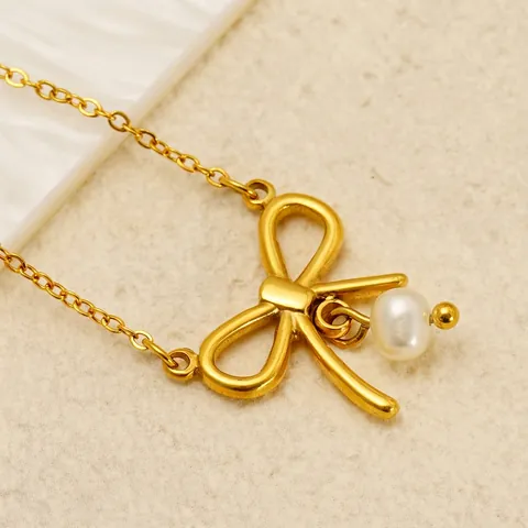 Collar Con Colgante De Perla Artificial Y Lazo Francés Chapado En Oro De 18K Acero Inoxidable Joyería Elegante Para Mujer