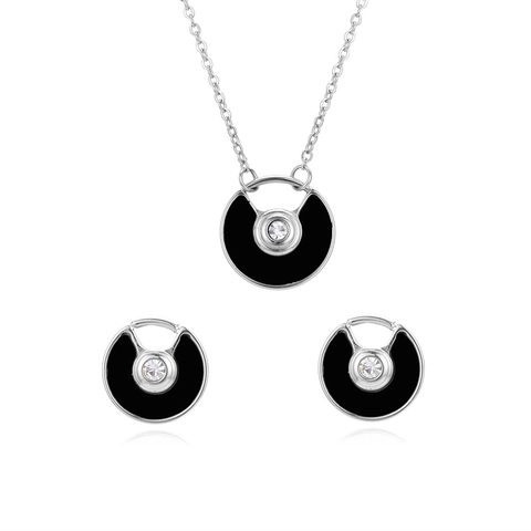 Collana Orecchini in Acciaio Inossidabile Tonda Smaltata Vintage Francese Ciondolo Amuleto Strass Catena Clavicola Gioielli