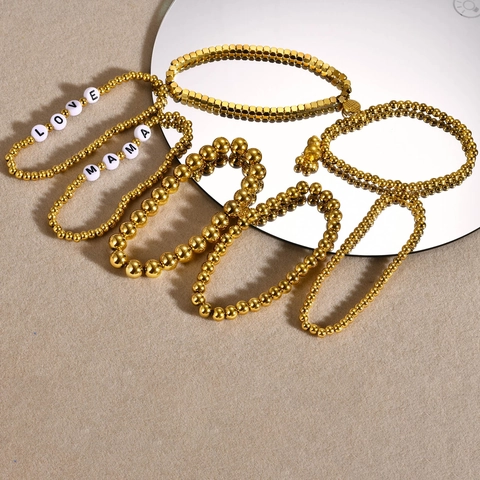 Bracciale A Perle Tonde Minimalista Da Donna In Acciaio Inossidabile Placcato Oro 18K Gioielli Di Moda Elastici