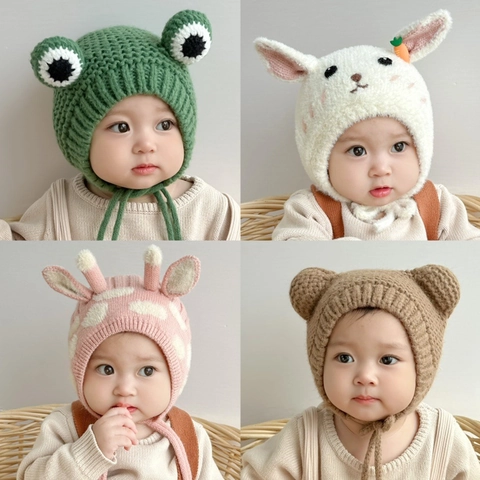Baby Knitted Hat Winter Warm Fleece Lined Ear Flap Bonnet With Ties Cartoon Animal Fruit For Toddler Infant Boys Girls