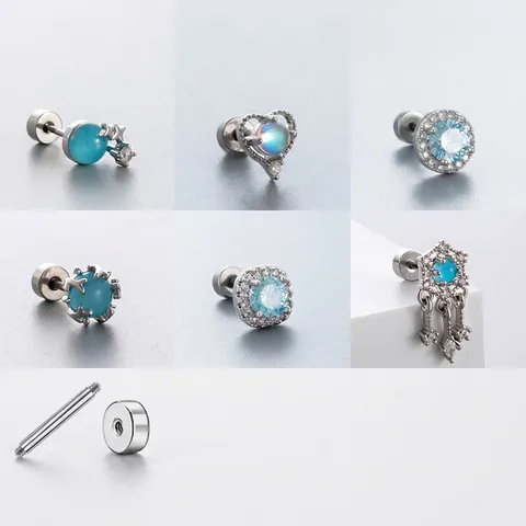 Stainless Steel Ear Bone Studs With Light Blue Cubic Zirconia Screw Back Piercing Jewelry Butterfly Heart For Women
