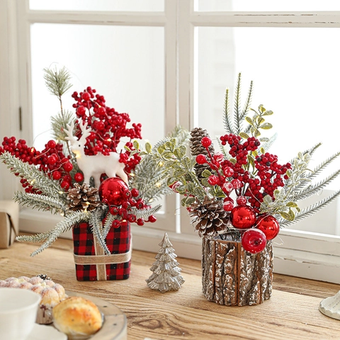 Centro De Mesa Navideño Árbol Artificial Con Base De Madera Bayas Rojas Piñas Luces LED Decoración Festiva Para Hogar