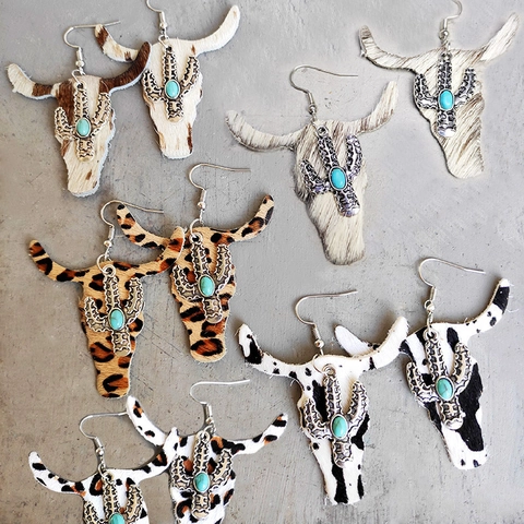 Orecchini Western Testa Di Mucca Pelle Leopardata Cactus Turchese Lega Gioielli Bohemian Vintage Per Donna