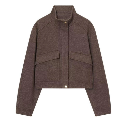 Women Short Woolen Jacket Stand Collar Long Sleeve Gold Button Pocket Solid Dark Brown Fashion Casual Coat