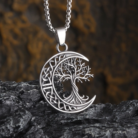 Tree Of Life Crescent Moon Pendant Necklace Stainless Steel Vintage Celtic Knot Wiccan Pagan Jewelry For Unisex