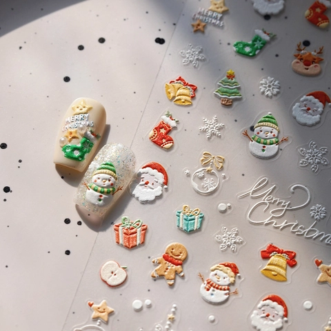 Autocollants De Nail Art De Noël 5D Relief Gaufré Père Noël Bonhomme De Neige Pain D'épices Décalcomanies Auto-Adhésives