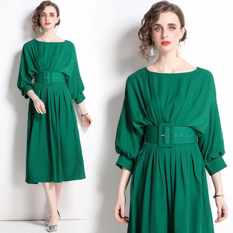 Elegante Smaragdgroene Polyester Midi-Jurk Met Vleermuismouwen En Geplooide Zoom Met Brede Riem
