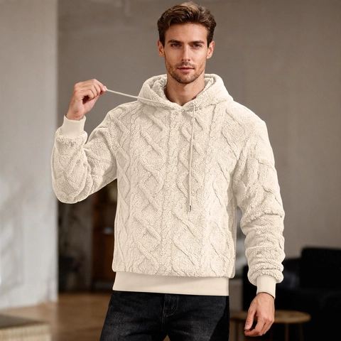 Felpa Con Cappuccio Uomo Jacquard Pile Doppia Faccia Spessa Calda Casual Sportiva Motivo Diamante Testurizzato Manica Lunga
