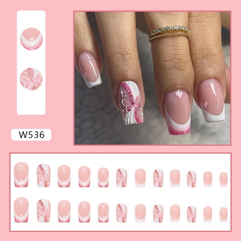 Unghie Finte Lunghe Coffin Rosa Bianco Farfalla Cuore Design Relief Glitter French Tip Unghie Artificiali Per Donne