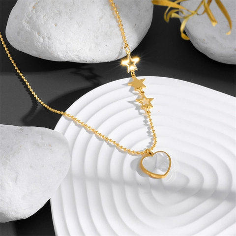 Fashion Titanium Steel Gold Heart Pendant Necklace For Women With Artificial Pearl Inlay And Stars Korean Style Jewelry