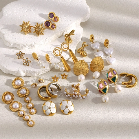 Stainless Steel Clip On Earrings 18K Gold Plated Zircon Artificial Pearl Geometric Floral Heart Star Non Pierced For Women