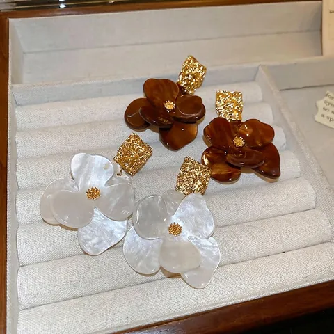Orecchini Pendenti Con Fiori Vintage Con Perno In Argento Lega Acrilico Floreale Perla Artificial Bianco Marrone Blu Gioielli Donna