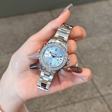Elegant Women Quartz Watch Rhinestone Bezel Alloy Steel Band Waterproof Calendar Fashion Minimalist Ladies Commute Wristwatch