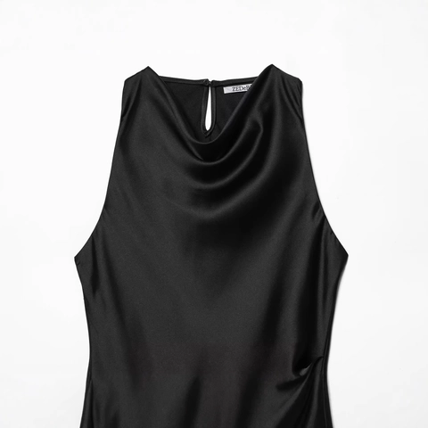 Vestito da Donna alla Moda Casual in Tessuto di Raso con Frange Senza Maniche Scollo a Cappuccio Orlo Asimmetrico Elegante