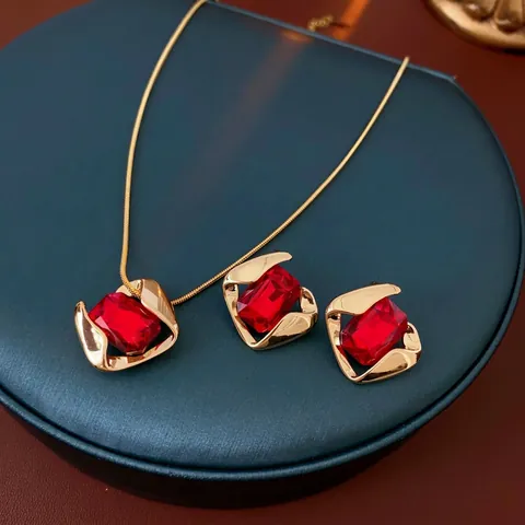 Retro Geometric Square Glass Crystal Necklace And Earrings Alloy Titanium Steel Gold Tone With Silver Earring Post
