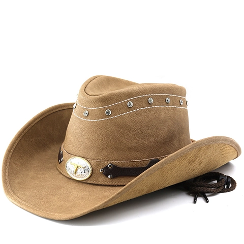 Cappello Da Cowboy Western Scamosciato Tesa Larga Con Emblema Testa Di Toro In Metallo Borchie E Cordino