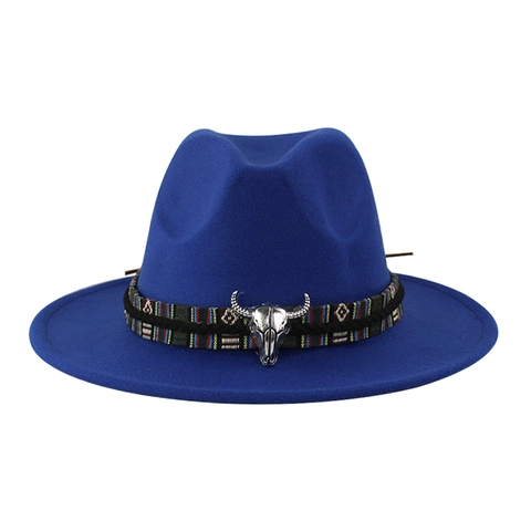 Cappello Fedora Western Cowboy Donna Uomo Stile Etnico Fascia Intrecciata Accessorio Testa di Toro Tesa Larga Feltro