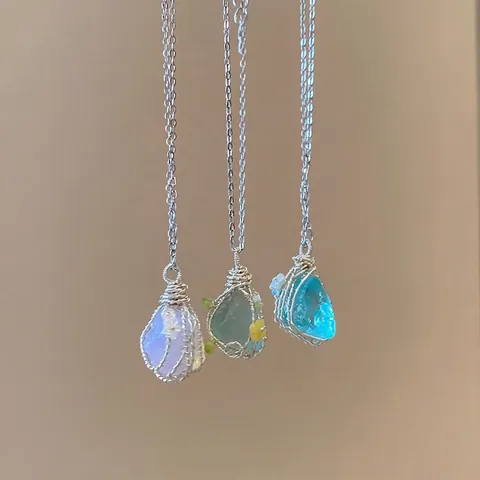 Irregulärer Naturstein Anhänger Halskette Edelstahl Handgewickelt Mori Stil Wald Schmuck Für Damen