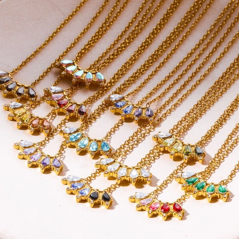 Collana Pietra Nativa Placcata Oro 18K Acciaio Inossidabile Zircone Colorato Taglio Pera Gioielli Vintage Regalo Donne