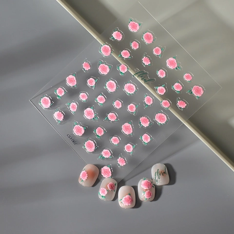 Autocollants À Ongles En Relief 5D Design Fleur Rose Rose Auto-Adhésif Imperméable Élégant Doux Décalcomanies De Manucure Pour Femmes