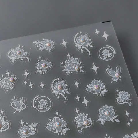 Nail Art Stickers 5D Embossed White Rose Butterfly Patterns Self Adhesive With Faux Artificial Pearl Manicure Decoration For Women