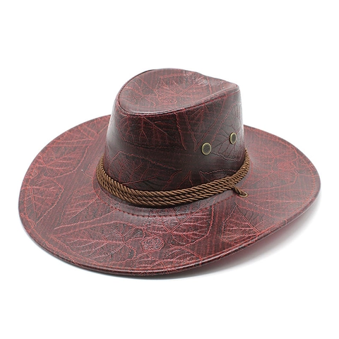 Western Cowboy Hat PU Leather Leaf Embossed Wide Brim Retro Outdoor Sun Protection Hat For Men Women