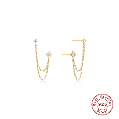 Boucles D'oreilles Puces En Argent Sterling 925 Avec Fleur En Zircone Double Chaîne Gland Pour Femme