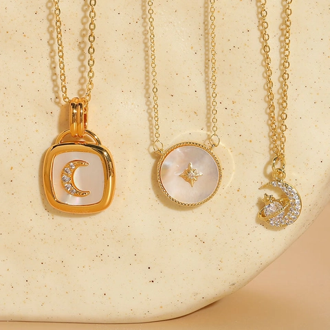 Collier Pendentif En Cuivre Plqué Or 14K Nacre De Coquillage Étoile Lune Zircon Pour Femmes Style Français Luxe Léger