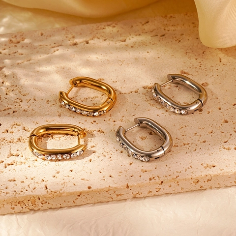 Orecchini A Cerchio Con Intarsio Di Zircone Ovale In Acciaio Inossidabile Forma A U Geometrico Versatile Gioielli Per Donna