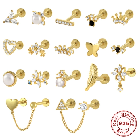 Cartilage Piercing Studs 925 Sterling Silver 18K Gold Plated Zirconia Artificial Pearl Flat Back Labret Helix Tragus Jewelry Women