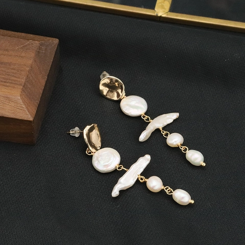 Orecchini Pendenti Süßwasserperle Barocche Nappa Lunga Perla de Agua Dulce Naturale Acqua Dolce Con Silver Earring Post Vintage Placcato Oro Donna