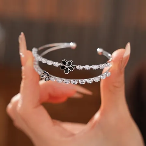 Doppelstöckiger Blumen Offener Armreif Kupfer Zirkon Verstellbare Manschette Eleganter Modeschmuck Für Damen