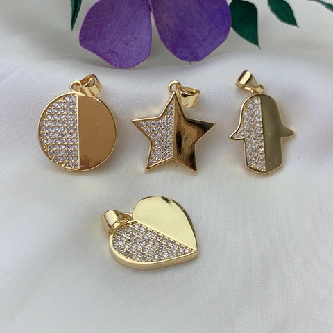 Pendant Charms For Jewelry Making 18K Gold Plated Copper Half Pave Cubic Zirconia Round Heart Star Hamsa Hand DIY