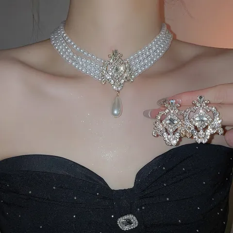 Collar Choker De Perlas Artificiales Y Pendientes Con Poste De Plata De Ley 925 Estilo Barroco Vintage Para Mujeres