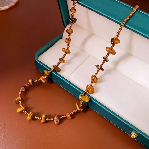 Collana Di Perle In Pietra Occhio Di Tigre Frammenti Irregolari Perle In Lega Catena A Clavicola Vintage Retrò Marrone Gioielli