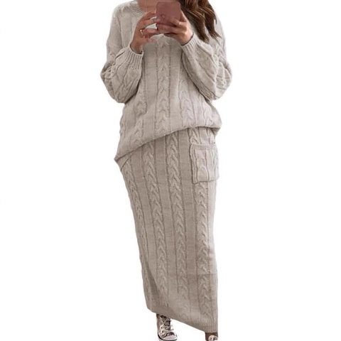 Femme Pull Torsadé Et Jupe Col Rond Manches Longues Tenue Tricot Décontracté Hiver Chaud Acrylique