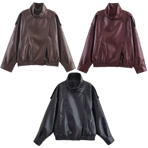 Women Faux Leather Jacket Retro Stand Collar Zip Up Motorcycle Bomber Coat With Elastic Hem Pockets Casual